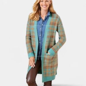 Talbots Bird's Eye Plaid Open Front Long Cardigan NEW Blue Brown Tan School Work
